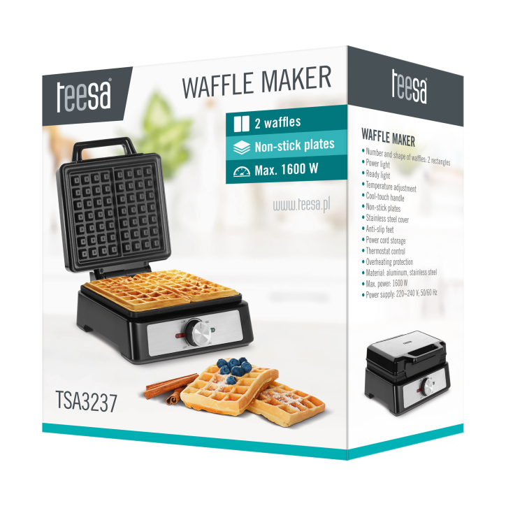 Gofrownica TEESA, 2 gofry, 1600W, inox, regulacja mocy Gofrownica TEESA, 2 gofry, 1600W, inox, regulacja mocy