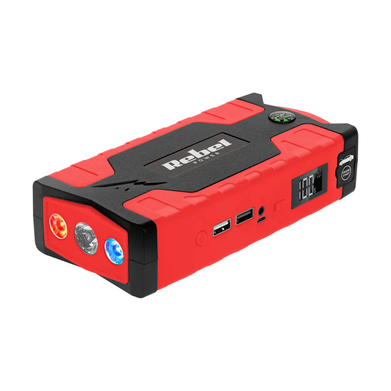 Jump starter - power bank z przewodami rozruchowymi i kompresorem
