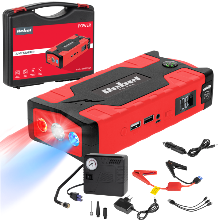 Jump starter - power bank z przewodami rozruchowymi i kompresorem Jump starter - power bank z przewodami rozruchowymi i kompresorem