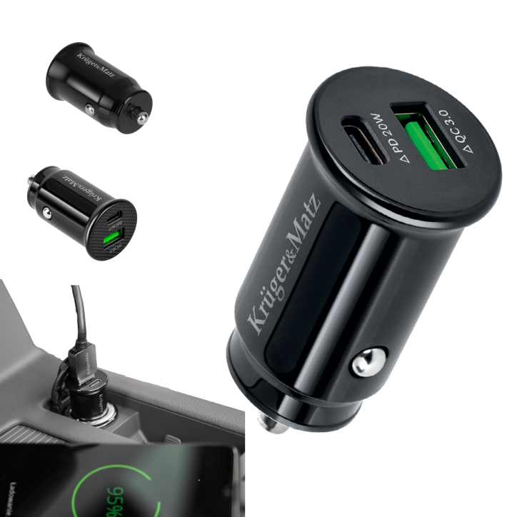 Ładowarka samochodowa Kruger&Matz dual USB 3100 mA z funkcją Quick Charge 3.0 i Power Delivery Ładowarka samochodowa Kruger&Matz dual USB 3100 mA z funkcją Quick Charge 3.0 i Power Delivery