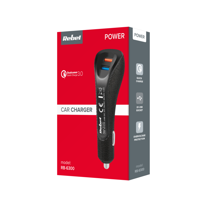 Ładowarka samochodowa REBEL 2xUSB 5100mA 15W z funkcją Quick Charge 3.0 Ładowarka samochodowa REBEL 2xUSB 5100mA 15W z funkcją Quick Charge 3.0
