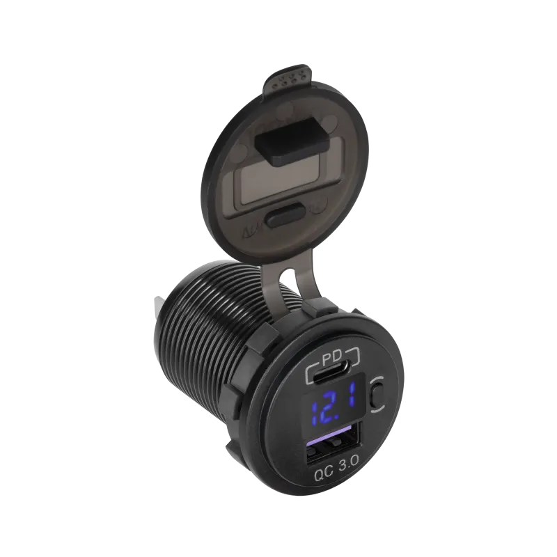 Ładowarka samochodowa USB+USB typu C z funkcją Quick Charge, Power Delivery i miernikiem napięcia 48W Ładowarka samochodowa USB+USB typu C z funkcją Quick Charge, Power Delivery i miernikiem napięcia 48W