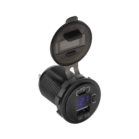 Ładowarka samochodowa USB+USB typu C z funkcją Quick Charge, Power Delivery i miernikiem napięcia 48W