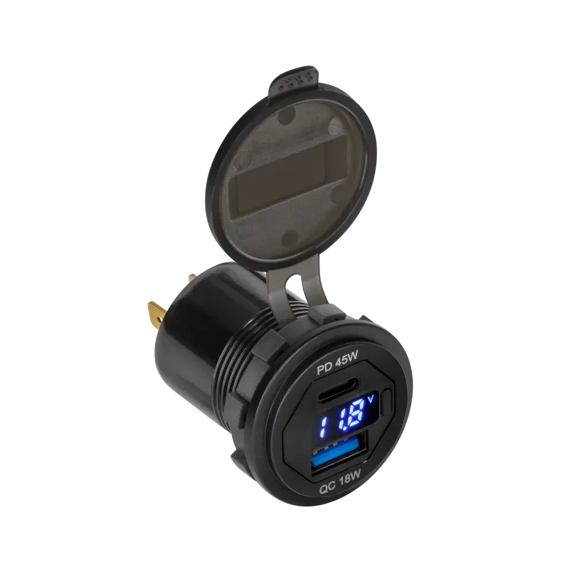 Ładowarka samochodowa USB+USB typu C z funkcją Quick Charge, Power Delivery i miernikiem napięcia 63W Ładowarka samochodowa USB+USB typu C z funkcją Quick Charge, Power Delivery i miernikiem napięcia 63W