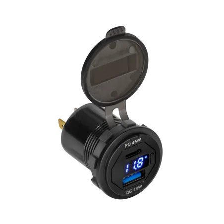 Ładowarka samochodowa USB+USB typu C z funkcją Quick Charge, Power Delivery i miernikiem napięcia 63W