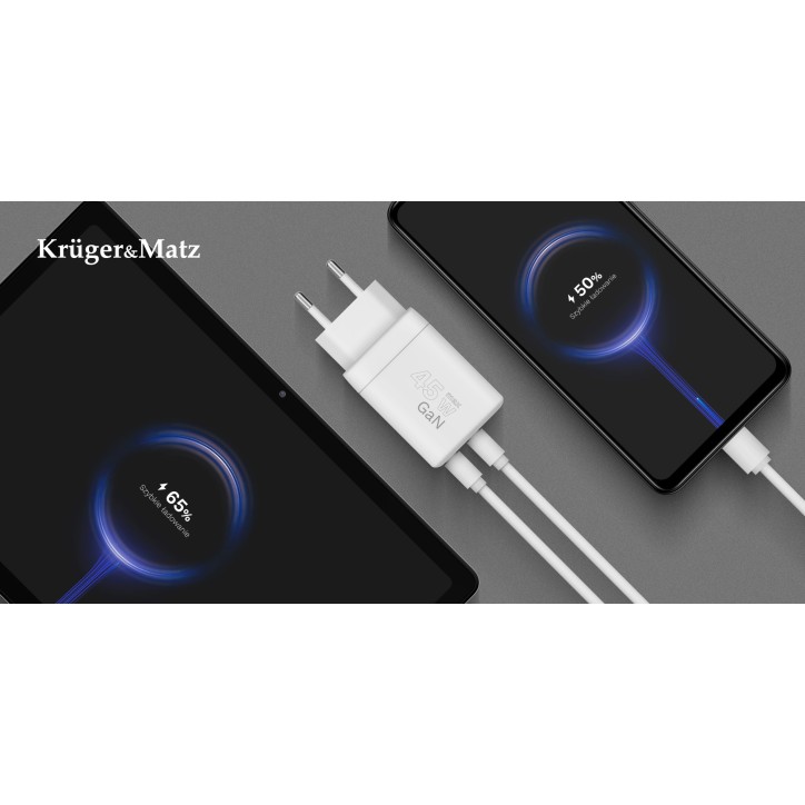 Ładowarka sieciowa Kruger&Matz 45 W GaN z funkcją Power Delivery i Quick Charge Ładowarka sieciowa Kruger&Matz 45 W GaN z funkcją Power Delivery i Quick Charge