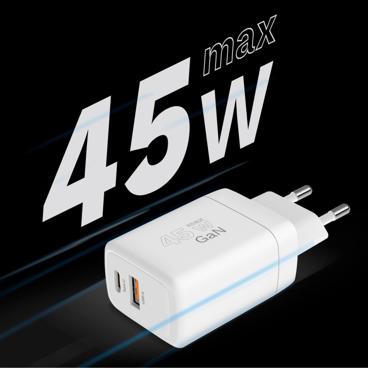 Ładowarka sieciowa Kruger&Matz 45 W GaN z funkcją Power Delivery i Quick Charge Ładowarka sieciowa Kruger&Matz 45 W GaN z funkcją Power Delivery i Quick Charge