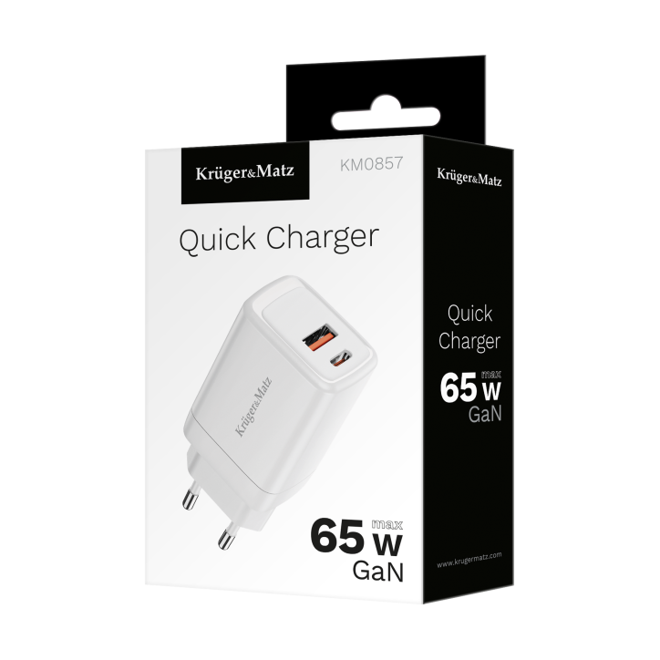 Ładowarka sieciowa Kruger&Matz 65 W GaN z funkcją Power Delivery i Quick Charge Ładowarka sieciowa Kruger&Matz 65 W GaN z funkcją Power Delivery i Quick Charge