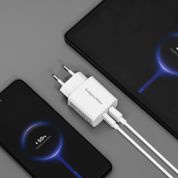 Ładowarka sieciowa Kruger&Matz GAN dual USB z funkcją Power Delivery i Quick Charge Ładowarka sieciowa Kruger&Matz GAN dual USB z funkcją Power Delivery i Quick Charge