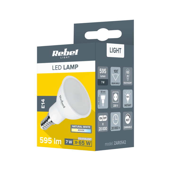 Lampa Led Rebel 7W, E14, 4000K, 230V Lampa Led Rebel 7W, E14, 4000K, 230V
