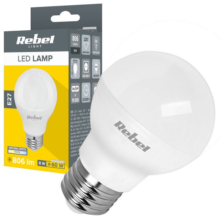 Lampa LED Rebel G45 8W, E27, 4000K, 230V Lampa LED Rebel G45 8W, E27, 4000K, 230V