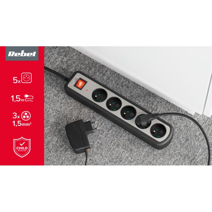 Listwa zasilajaca Rebel 5 gniazd z przełacznikiem, 1,5m (1,5mm) Listwa zasilajaca Rebel 5 gniazd z przełacznikiem, 1,5m (1,5mm)