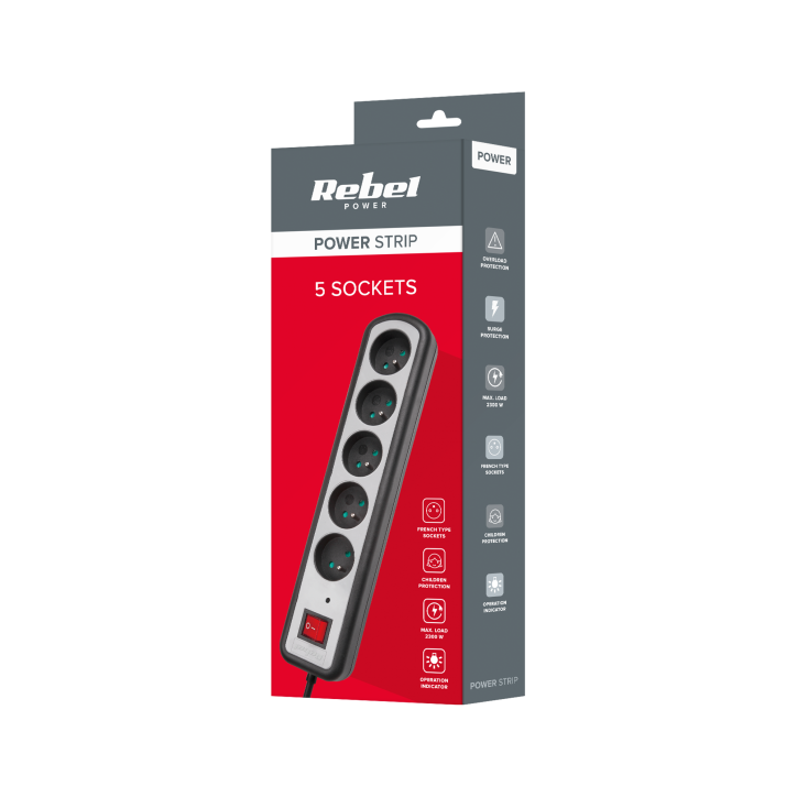 Listwa zasilająca Rebel 5 gniazd , z przełacznikiem ,3m (3x1,5mm) Listwa zasilająca Rebel 5 gniazd , z przełacznikiem ,3m (3x1,5mm)