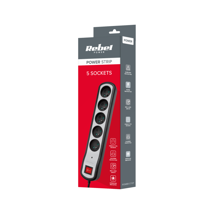 Listwa zasilająca Rebel 5 gniazd z przełącznikiem (1,5m, 3x1,5mm) Listwa zasilająca Rebel 5 gniazd z przełącznikiem (1,5m, 3x1,5mm)