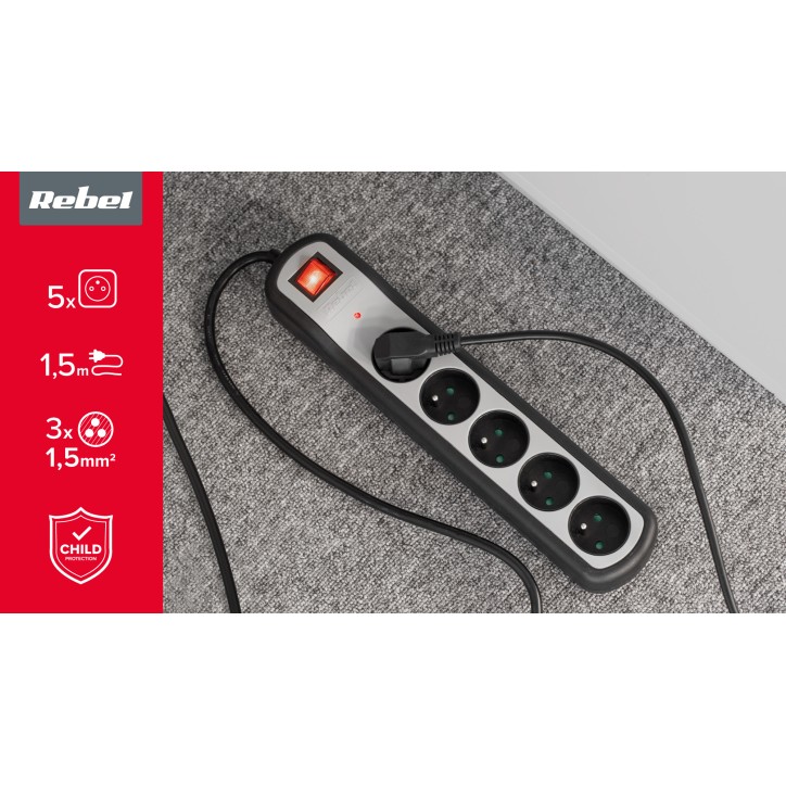 Listwa zasilająca Rebel 5 gniazd z przełącznikiem (1,5m, 3x1,5mm) Listwa zasilająca Rebel 5 gniazd z przełącznikiem (1,5m, 3x1,5mm)
