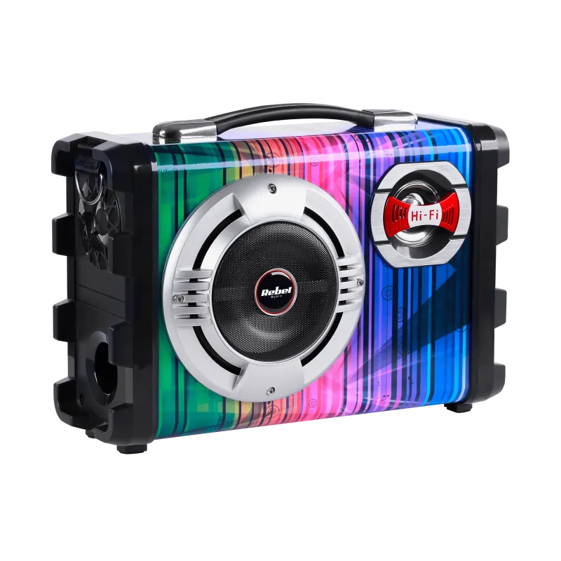 Mały przenośny aktywny zestaw głośnikowy marki REBEL z funkcją MP3, Bluetooth, radio FM oraz funkcją Karaoke