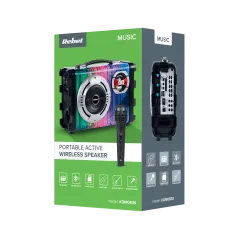 Mały przenośny aktywny zestaw głośnikowy marki REBEL z funkcją MP3, Bluetooth, radio FM oraz funkcją Karaoke