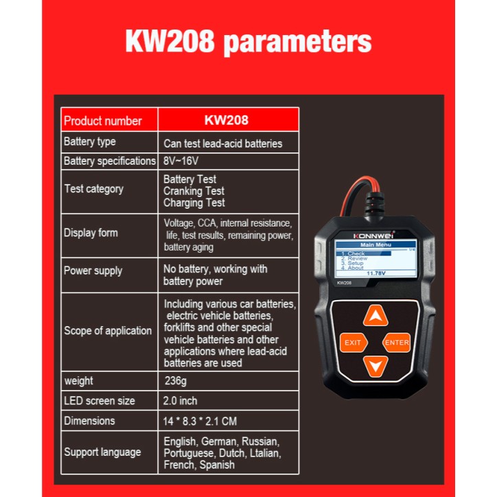 Miernik baterii Konnwei KW208 Miernik baterii Konnwei KW208