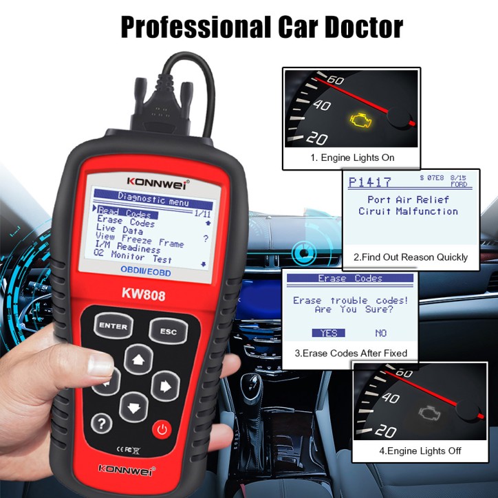 Miernik diagnostyczny, skaner OBD2 Konnwei KW808 Miernik diagnostyczny, skaner OBD2 Konnwei KW808