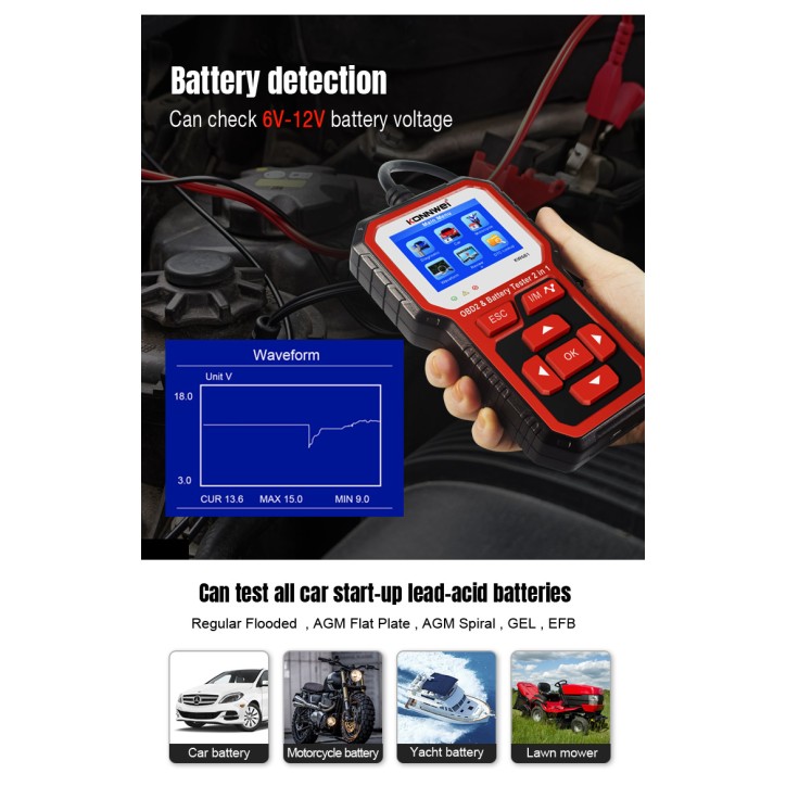 Miernik diagnostyczny, skaner OBD2, tester baterii Konnwei KW681 Miernik diagnostyczny, skaner OBD2, tester baterii Konnwei KW681