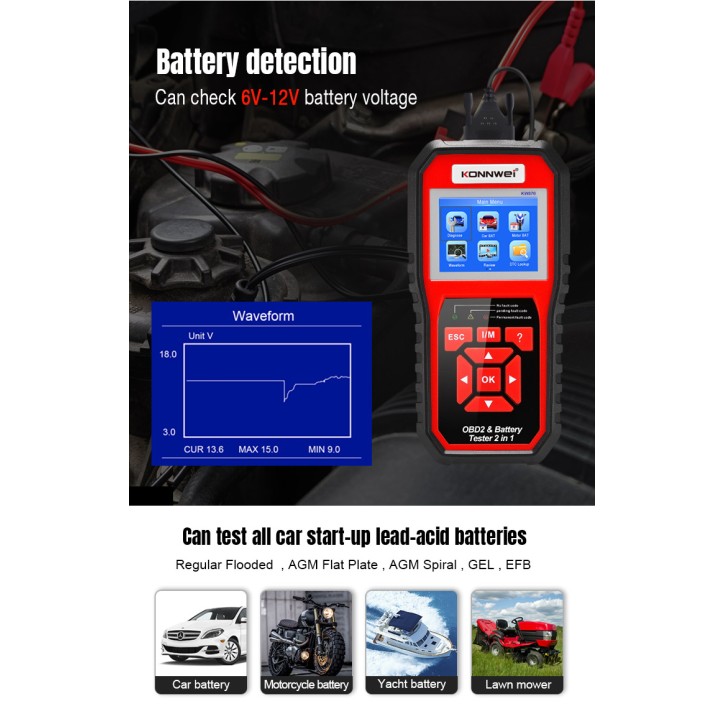 Miernik diagnostyczny, skaner OBD2, tester baterii Konnwei KW870 Miernik diagnostyczny, skaner OBD2, tester baterii Konnwei KW870