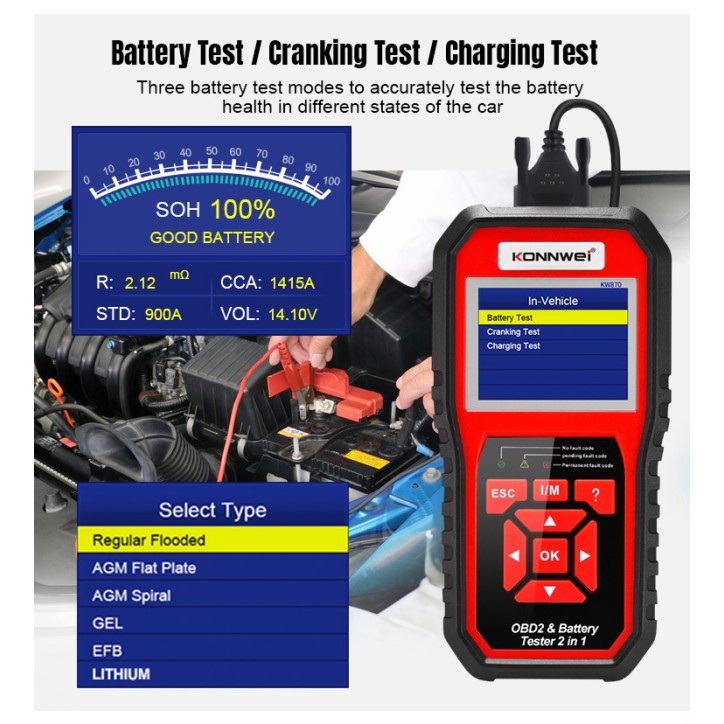 Miernik diagnostyczny, skaner OBD2, tester baterii Konnwei KW870 Miernik diagnostyczny, skaner OBD2, tester baterii Konnwei KW870