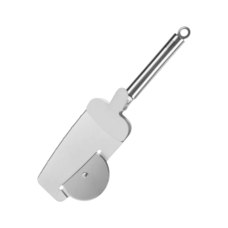 Nóż do pizzy z tarczą tnącą, zębami tnącymi brzegi oraz łopatką z zaciskiem Nóż do pizzy z tarczą tnącą, zębami tnącymi brzegi oraz łopatką z zaciskiem