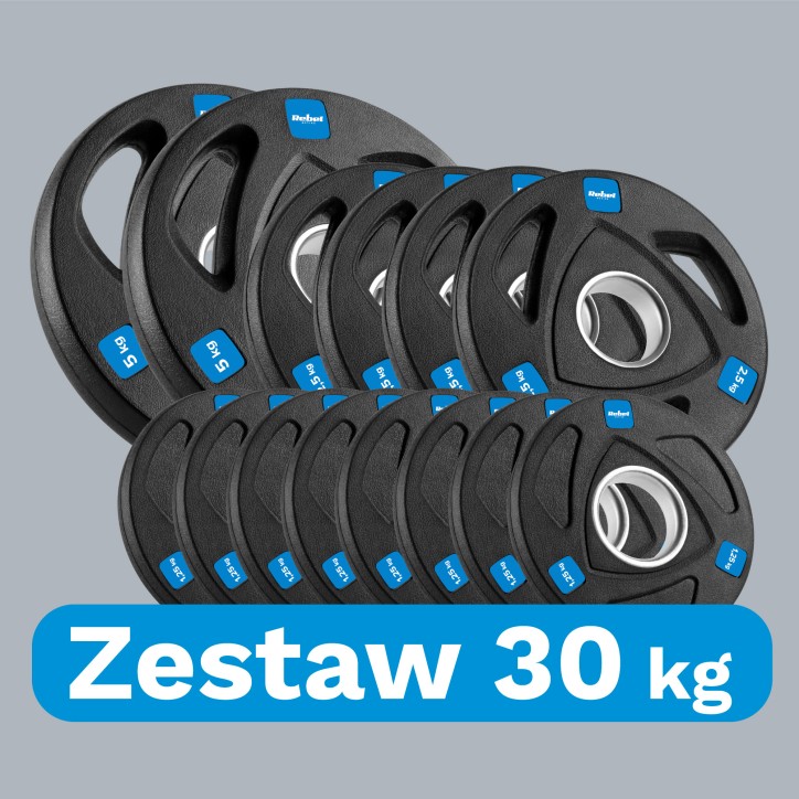 Zestaw obciążeń żeliwnych gumowanych 30kg ( 8x1.25kg + 4x2.5kg + 2x5kg ), otwór olimpijski 51mm, REBEL ACTIVE Zestaw obciążeń żeliwnych gumowanych 30kg ( 8x1.25kg + 4x2.5kg + 2x5kg ), otwór olimpijski 51mm, REBEL ACTIVE