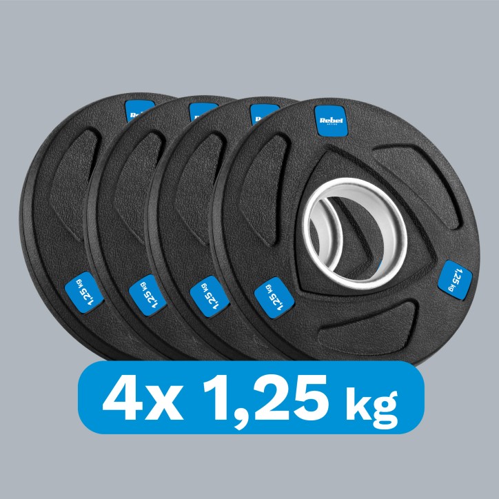 Zestaw obciążeń żeliwnych gumowanych 4x1.25kg, otwór olimpijski 51mm, REBEL ACTIVE Zestaw obciążeń żeliwnych gumowanych 4x1.25kg, otwór olimpijski 51mm, REBEL ACTIVE