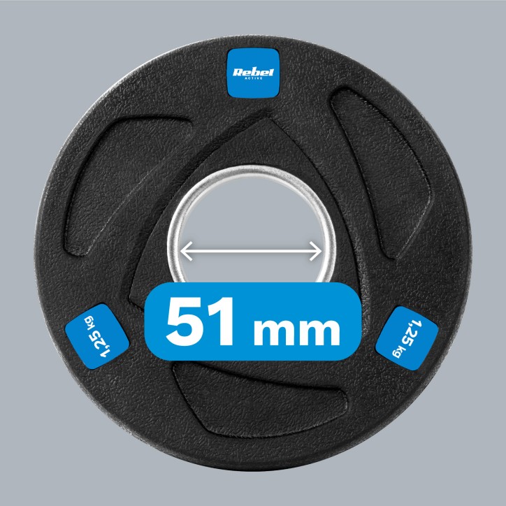 Zestaw obciążeń żeliwnych gumowanych 4x1.25kg, otwór olimpijski 51mm, REBEL ACTIVE Zestaw obciążeń żeliwnych gumowanych 4x1.25kg, otwór olimpijski 51mm, REBEL ACTIVE