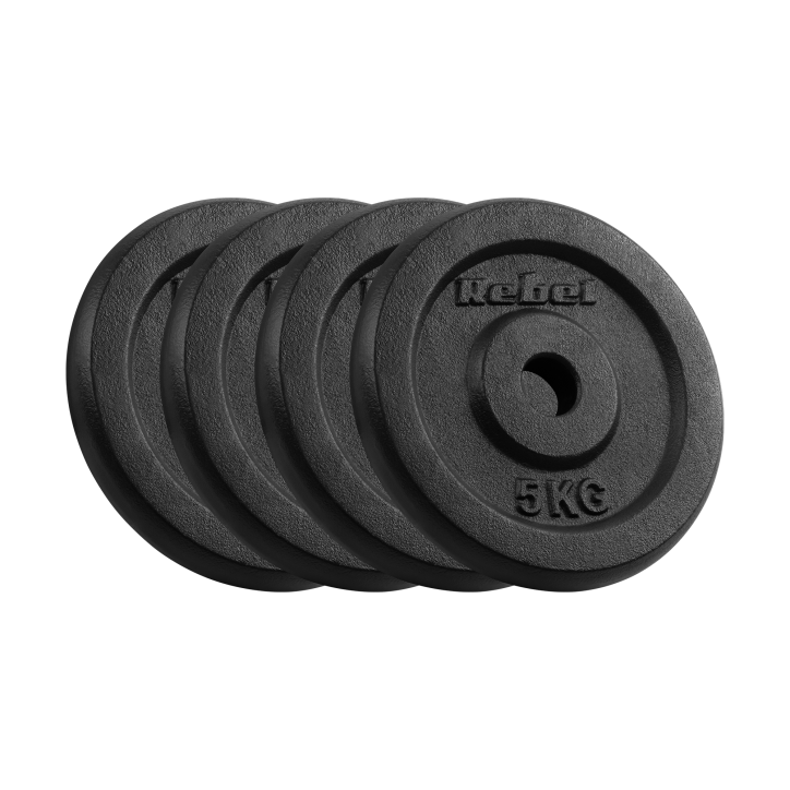 Zestaw obciążeń żeliwnych 4x5kg, otwór 31mm, talerz klasyczny, REBEL ACTIVE Zestaw obciążeń żeliwnych 4x5kg, otwór 31mm, talerz klasyczny, REBEL ACTIVE