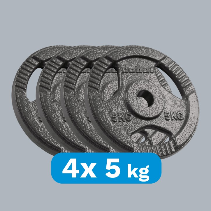 Zestaw obciążeń żeliwnych 4x5kg, otwór 31mm, talerz z uchwytami, REBEL ACTIVE Zestaw obciążeń żeliwnych 4x5kg, otwór 31mm, talerz z uchwytami, REBEL ACTIVE