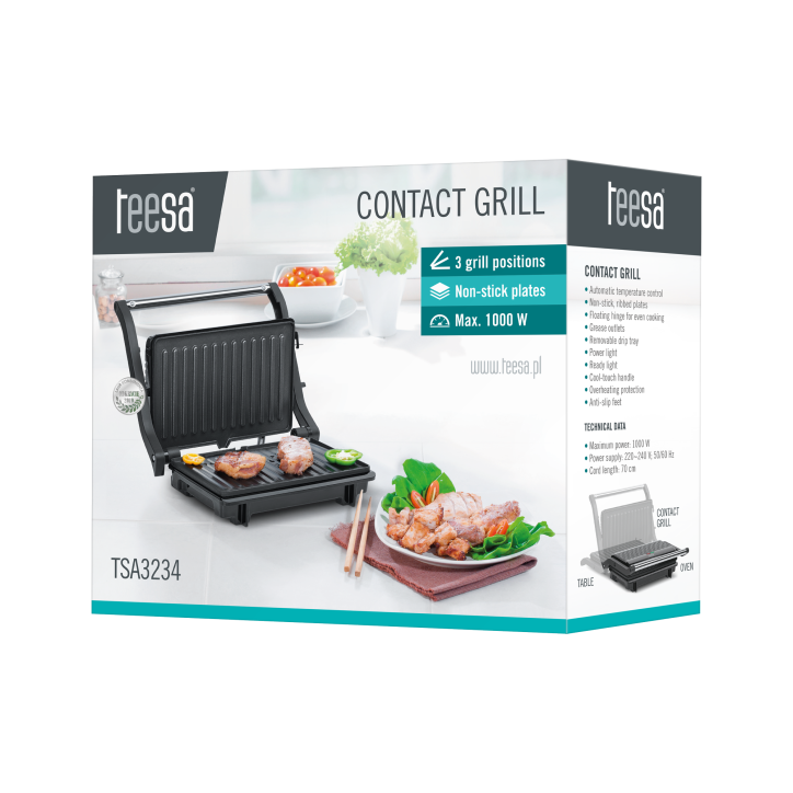 Panini grill TEESA, toster, opiekacz, 1000W, 3 pozycje Panini grill TEESA, toster, opiekacz, 1000W, 3 pozycje