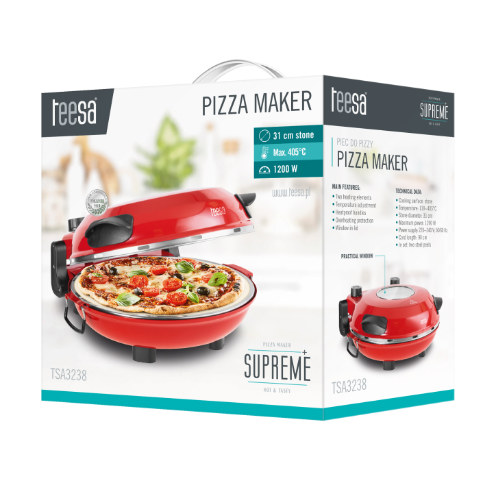 Piec do pizzy TEESA SUPREME + , 1200 W, 32 cm , okienko , wyjmowany kamień, sterowanie dwiema grzałkami Piec do pizzy TEESA SUPREME + , 1200 W, 32 cm , okienko , wyjmowany kamień, sterowanie dwiema grzałkami