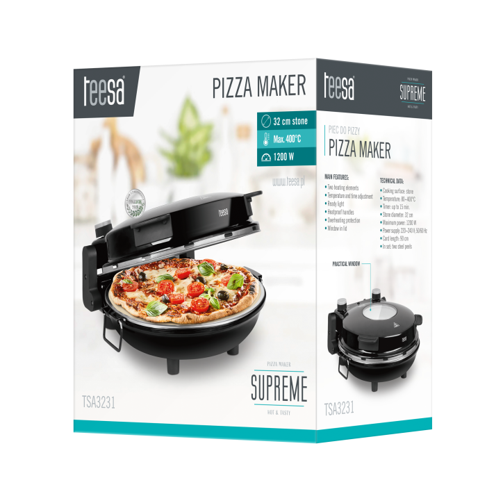 Piec do pizzy TEESA SUPREME, 1200 W, 32 cm , okienko , wyjmowany kamień Piec do pizzy TEESA SUPREME, 1200 W, 32 cm , okienko , wyjmowany kamień