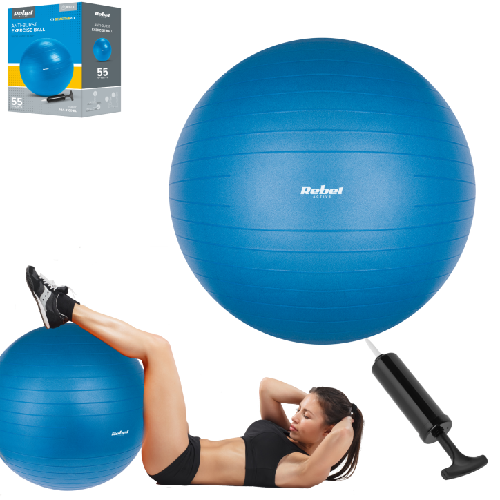 Piłka gimnastyczna rehabilitacyjna 55cm z pompką ręczną, kolor niebieski , REBEL ACTIVE Piłka gimnastyczna rehabilitacyjna 55cm z pompką ręczną, kolor niebieski , REBEL ACTIVE