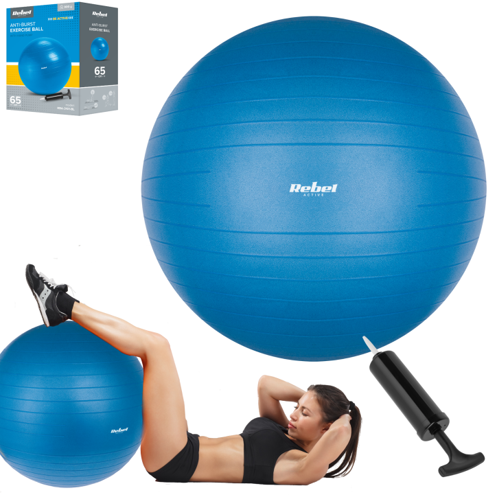 Piłka gimnastyczna rehabilitacyjna 65cm z pompką ręczną, kolor niebieski , REBEL ACTIVE Piłka gimnastyczna rehabilitacyjna 65cm z pompką ręczną, kolor niebieski , REBEL ACTIVE
