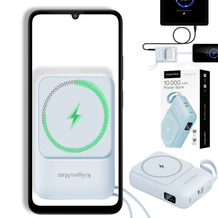 POWER BANK indukcyjny Kruger&Matz 10000 mAh Mag Safe z kablem niebieski POWER BANK indukcyjny Kruger&Matz 10000 mAh Mag Safe z kablem niebieski