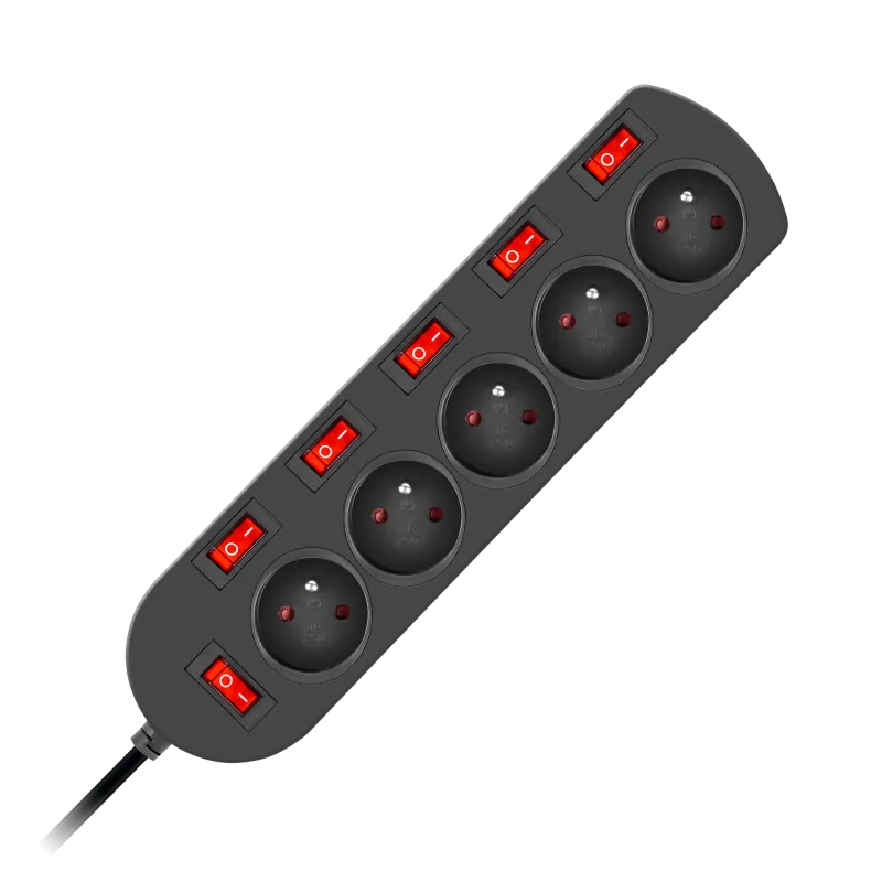 Przedłużacz 3x1mm 5 gniazd + 6 wyłączników 1,5m czarny EPS-501,5W6-2