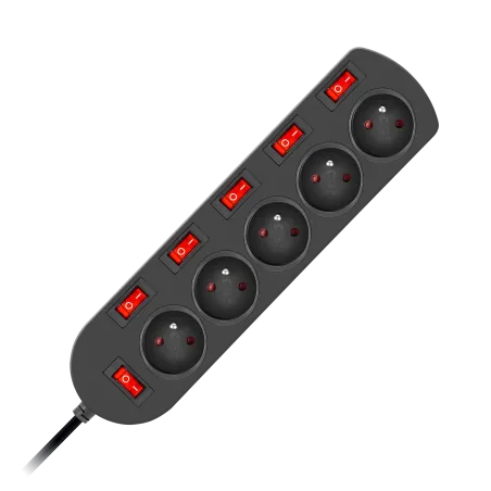 Przedłużacz 3x1mm 5 gniazd + 6 wyłączników 1,5m czarny EPS-501,5W6-2