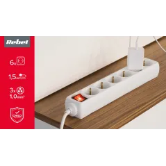 Przedłużacz biały 6 gniazd typu niemieckiego, dł. 1,5m (3x1.0) z przełącznikiem