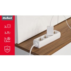 Przedłużacz biały KEMOT 3 gniazda typu niemieckiego, kabel 3m (1,5mm)