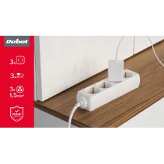 Przedłużacz biały KEMOT 3 gniazda typu niemieckiego, kabel 3m (1,5mm)