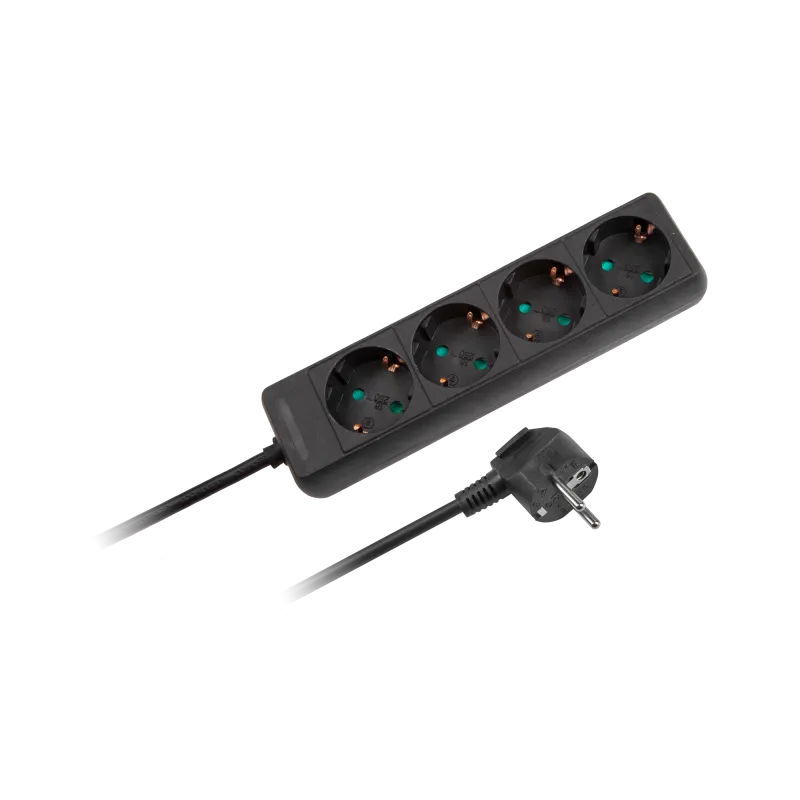 Przedłużacz czarny Rebel 4 gniazda typu niemieckiego, dł. 1,5m (3x1.0) bez przełącznika