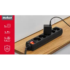 Przedłużacz sieciowy Rebel czarny 5 gniazd z przełącznikiem, kabel 3m (1,5mm)