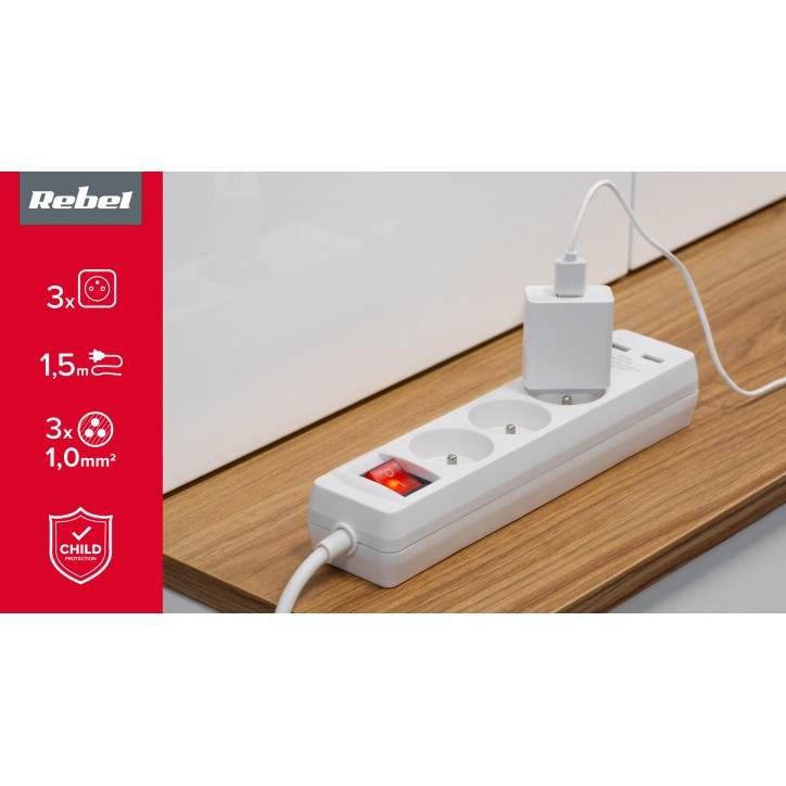 Przedłużacz sieciowy Rebel 3 gniazda + 2 gniazda USB z wyłącznikiem - 1.5m Przedłużacz sieciowy Rebel 3 gniazda + 2 gniazda USB z wyłącznikiem - 1.5m