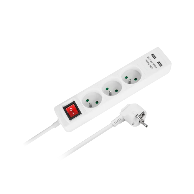 Przedłużacz sieciowy Rebel 3 gniazda + 2 gniazda USB, z wyłącznikiem - 3m Przedłużacz sieciowy Rebel 3 gniazda + 2 gniazda USB, z wyłącznikiem - 3m