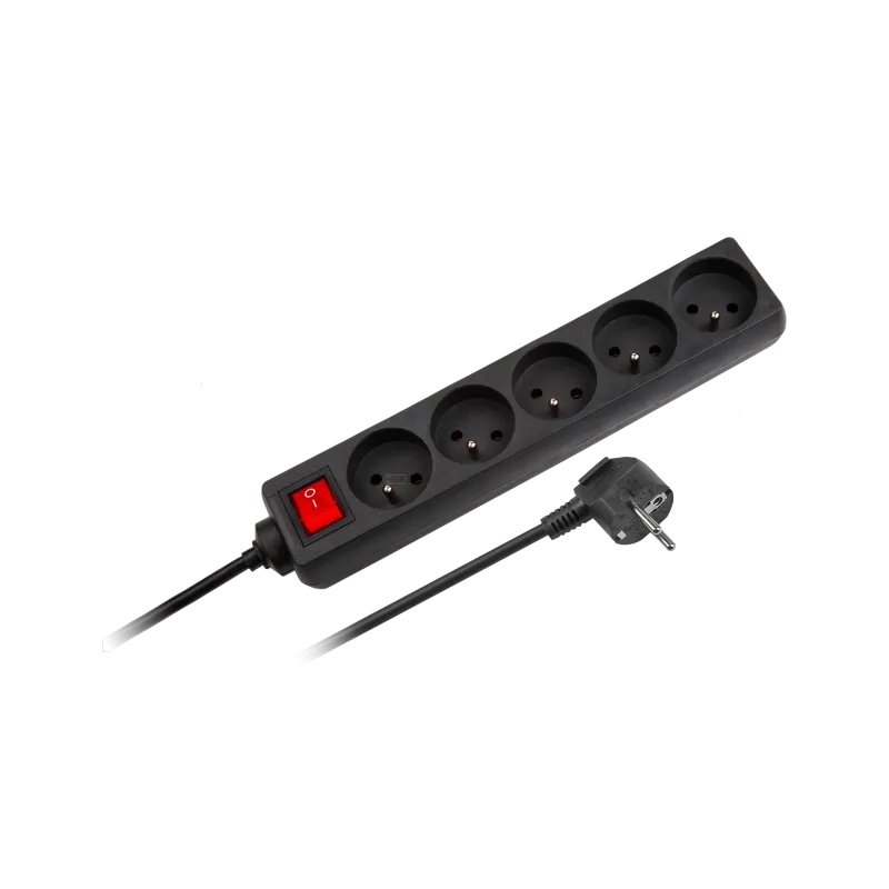 Przedłużacz sieciowy Rebel czarny 5 gniazd z przełącznikiem, kabel 5m (1,5mm)