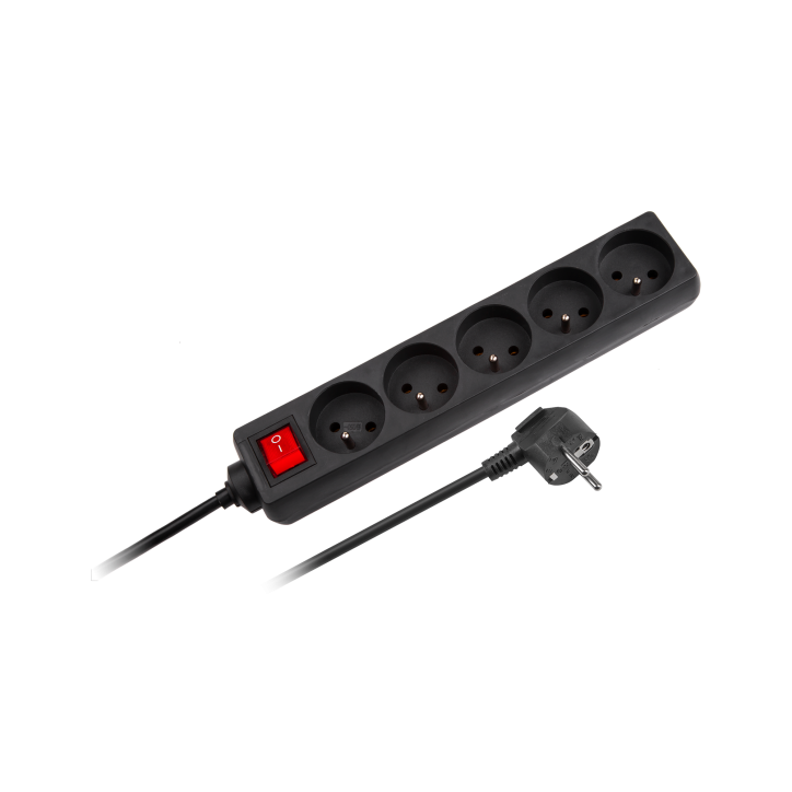 Przedłużacz sieciowy Rebel czarny 5 gniazd z przełącznikiem, kabel 5m (1,5mm) Przedłużacz sieciowy Rebel czarny 5 gniazd z przełącznikiem, kabel 5m (1,5mm)