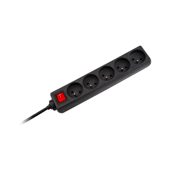 Przedłużacz sieciowy Rebel czarny 5 gniazd z przełącznikiem, kabel 5m (1,5mm) Przedłużacz sieciowy Rebel czarny 5 gniazd z przełącznikiem, kabel 5m (1,5mm)